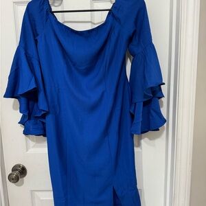 VENUS Vibrant Blue Sheath Dress with Bell Sleeves and Cold Shoulder Neck